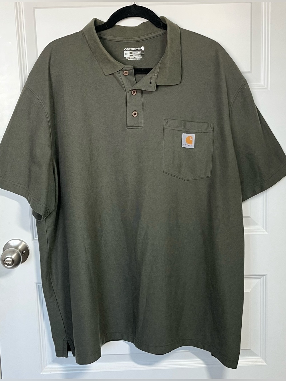 Carhartt Polo Shirt Mens 2XL Olive Green Pocket Logo Loose Fit Workwear
